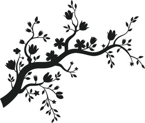 Floral Tree Branch Silhouette - Black Vector Illustration