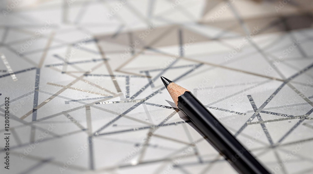 Poster A close-up of a pencil resting on top of a piece of paper with a pattern of intersecting lines. The pencil is black and the paper has a white background with black lines.