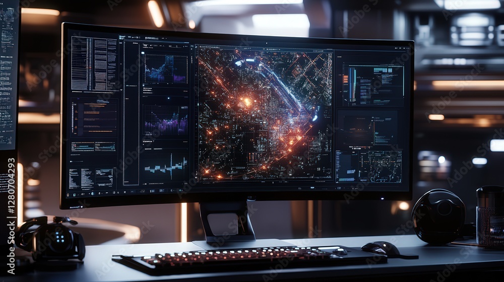Poster high-end, ultra-wide 8k monitor displaying a complex 3d simulation