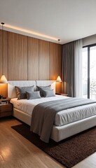 Fototapeta premium A modern bedroom with a white bed and grey bedding, featuring wood paneling on the back wall.