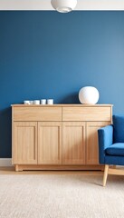 A modern minimalist room with blue walls and wooden furniture.