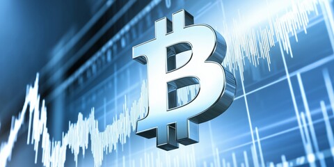 Technical analysis chart displays cryptocurrency trends with bitcoin logo in vibrant colors during market analysis session