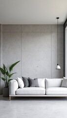 Minimalist interior design featuring white couch and marble floors.