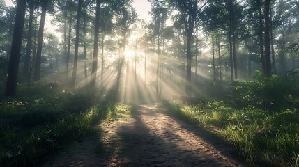 Obraz premium Sunbeams on Misty Forest Path