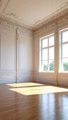 Obraz premium interior of a room with white walls and ceiling, hardwood floors, and decorative molding.