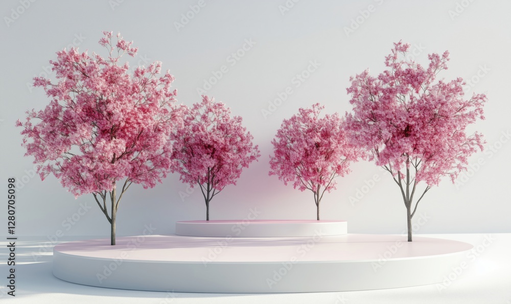 Poster pink flowering trees on circular platforms in minimalist setting