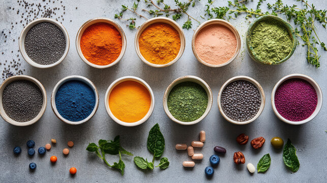 Naklejki Vibrant array of dietary supplements and colorful spices in bowls, showcasing variety of natural ingredients. Perfect for health and wellness themes