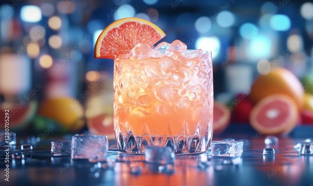 Poster refreshing cocktail with ice and orange slice on bar counter with blurred background