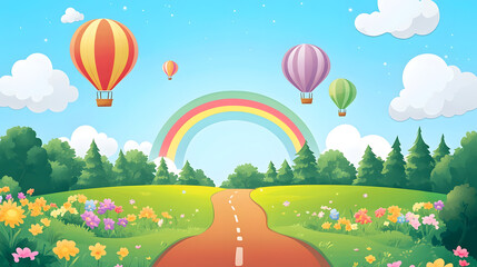 Cartoon-style scene, a bright sunny day with a rainbow in the sky, a green field and white clouds
