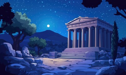 Ancient Greek temple under starry night sky with moonlight illuminating ruins