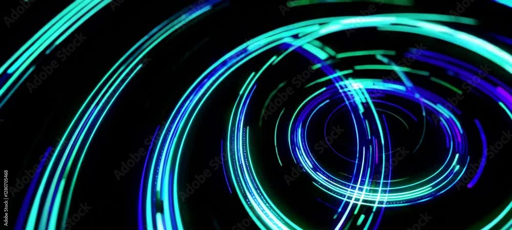 Poster dynamic neon circular light trails creating mesmerizing spiral motion animation