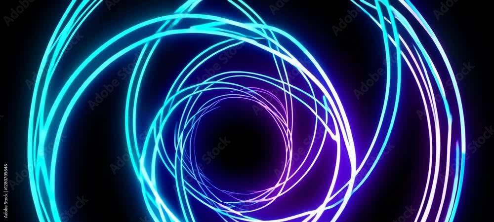Poster mesmerizing neon light spirals creating dynamic rotational patterns in vibrant blue and purple
