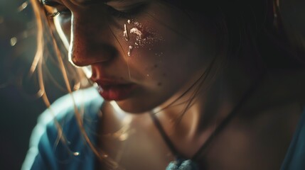 A close up of a woman with tears running down her cheek.