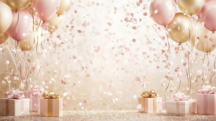 Elegant pink and gold celebration scene with balloons and gifts with copy space