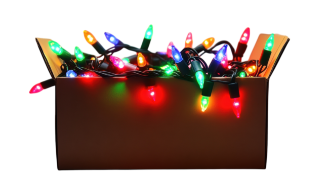 Colorful string lights packed in a brown box ready for holiday decoration