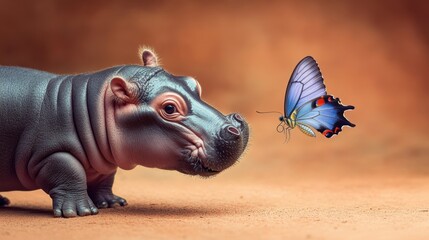 A baby hippo curiously sniffing a butterfly on a gentle peach background