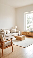 A living room with beige walls and wood floors featuring a couch, chair, coffee table, sideboard, lamp, rug, and window.