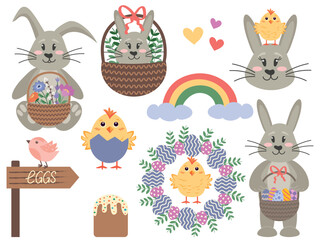 Obraz premium Collection of Easter bunnies, chicks, Easter eggs in a basket.