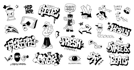Graffiti doodles funny characters hand drawn lettering vector collection , background for kids
