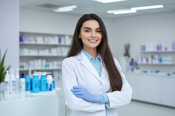 Female cosmetologist in a clean white coat, smiling while standing in a beautifully lit clinic environment