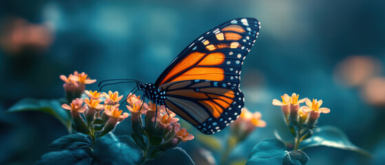 vibrant butterfly resting on colorful flowers, symbolizing beauty and nature harmony. delicate wings showcase intricate patterns, enhancing serene atmosphere