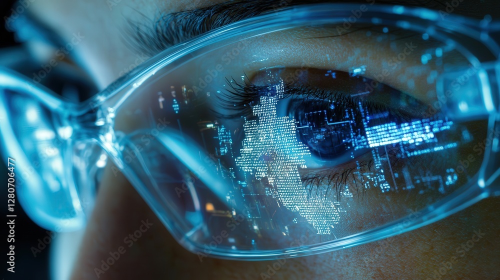 Poster microchip, embedded in augmented reality lenses, offering seamless data overlays and real-time visua
