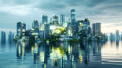 Fototapeta premium Futuristic city skyline reflecting in water with lush greenery and dramatic clouds in the background