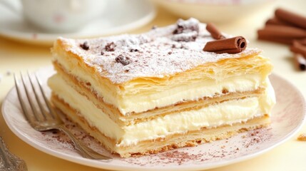 A beautifully presented Mille-Feuille with delicate pastry layers on a soft pastel yellow background