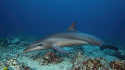 Naklejka premium Side profile of Omura's whale moving through the tropical waters, gentle waves forming around it