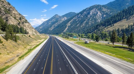 Smooth blacktop highway winding through a mountainous landscape, newly paved and clean