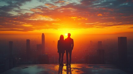 Fototapeta premium Couple Silhouetted Against a Vibrant City Sunrise
