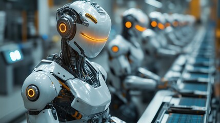 Fototapeta premium Humanoid robots collaborate with factory employees in automated production line enhancing efficiency and productivity