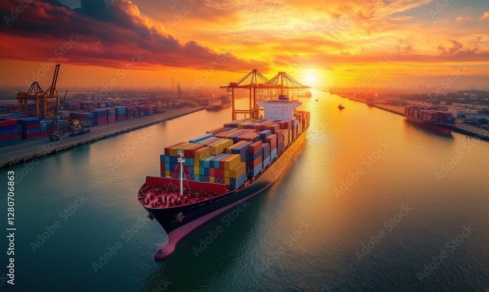 Poster container ship navigating port at sunset with vibrant sky and cranes in background