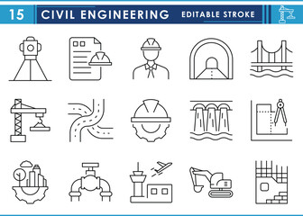 A set of line icons related to Civil Engineering. Engineer, Civil, construct, bridge, dam, blueprint, mapping, and so on. Vector editable stroke.