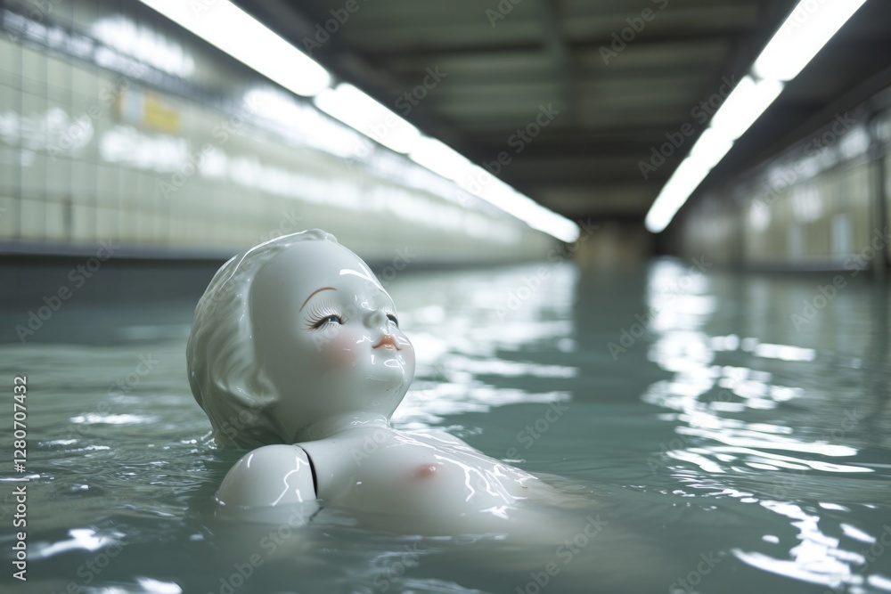 Poster a baby doll floats serenely in a pool of water, ready for a playful splash or a thoughtful reflectio