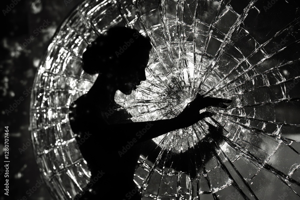 Poster A person holding a broken glass umbrella, suitable for use in scenes where something has gone wrong or needs to be fixed