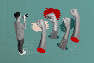 Exclusive art banner collage of activist man scream megaphone promote rebellion concept crowd hands...