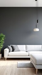 Minimalist living room with white couch and hanging light fixture.