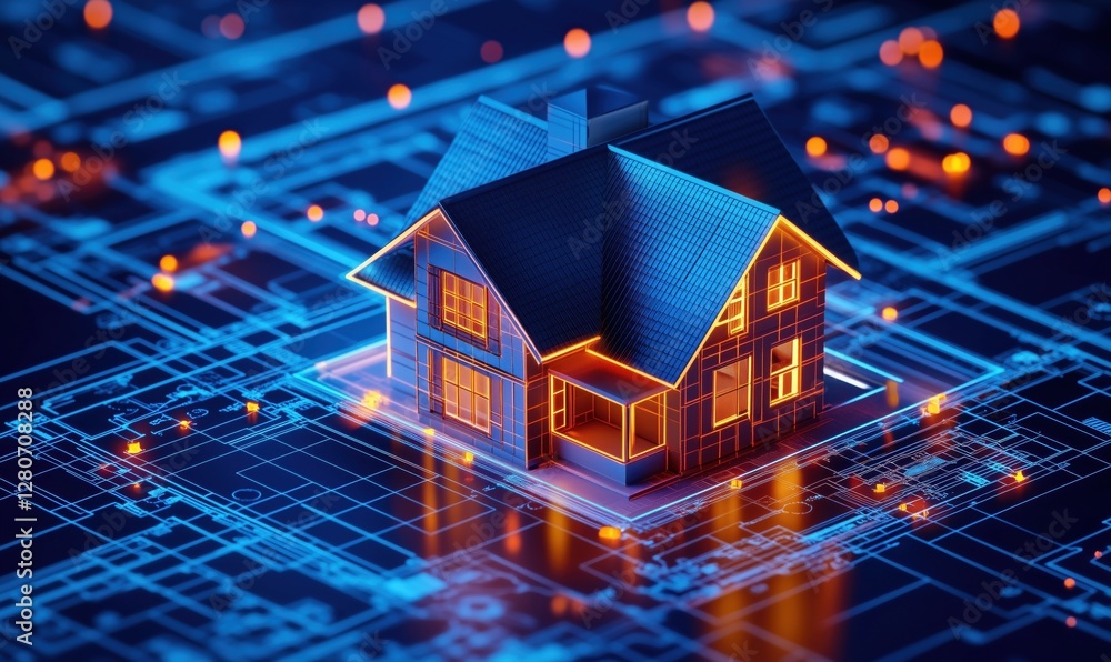 Poster 3d house model illuminated on digital blueprint background with glowing elements