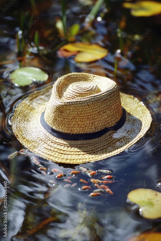Poster a straw hat floats on the surface of calm water, perfect for use as a symbol or metaphor in various 