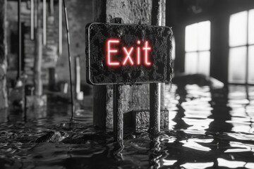 A red exit sign sits in a flooded room, offering a beacon of hope amidst chaos