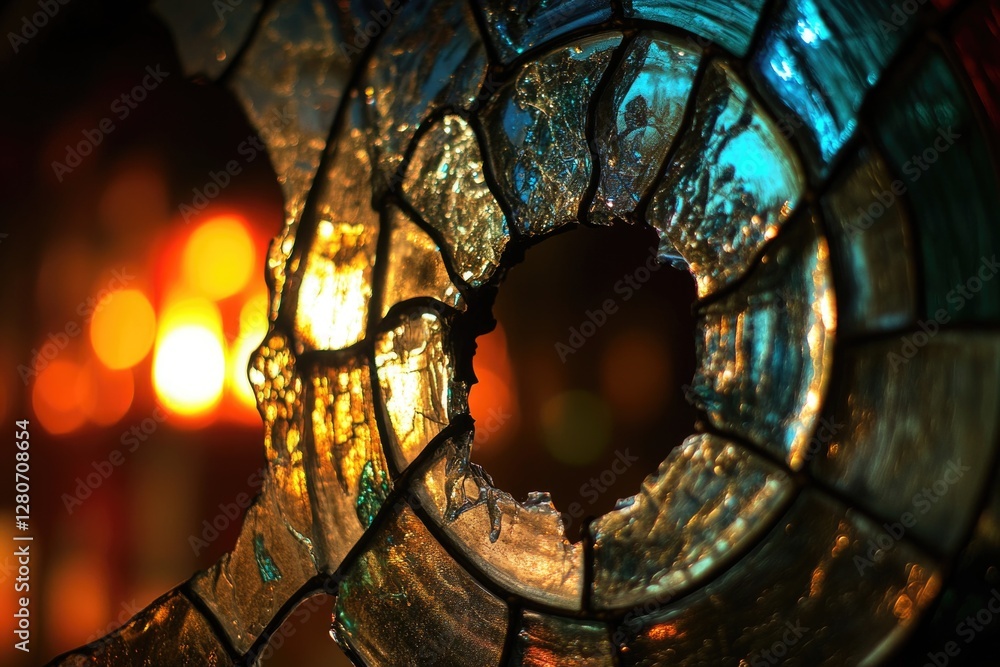 Poster a detailed view of a colorful stained glass window with intricate designs and patterns