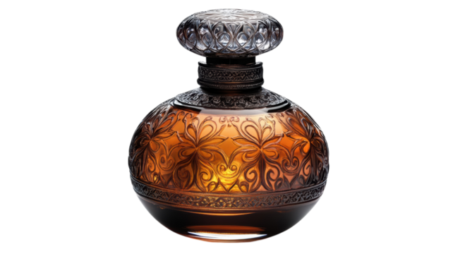 Elegant vintage glass perfume bottle with intricate patterns and warm amber hues
