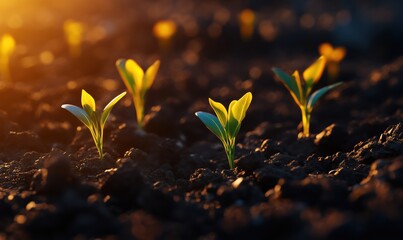 Newly sprouted seedlings emerging from dark soil in warm sunlight