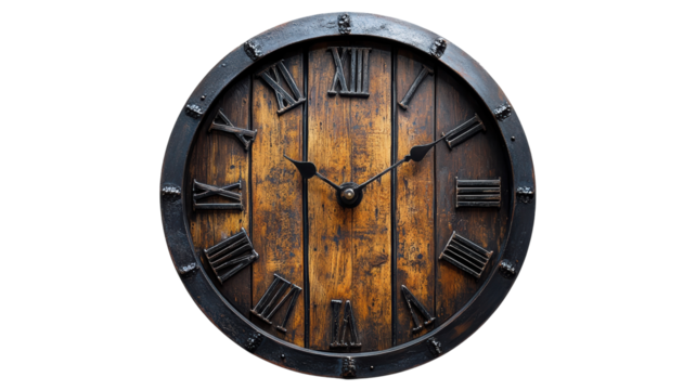 Rustic wooden clock adorned with Roman numerals showcasing timeless elegance