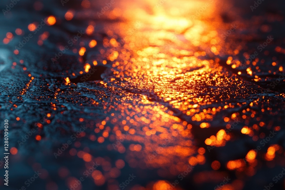 Poster a close-up view of a wet street surface with a street light shining from behind