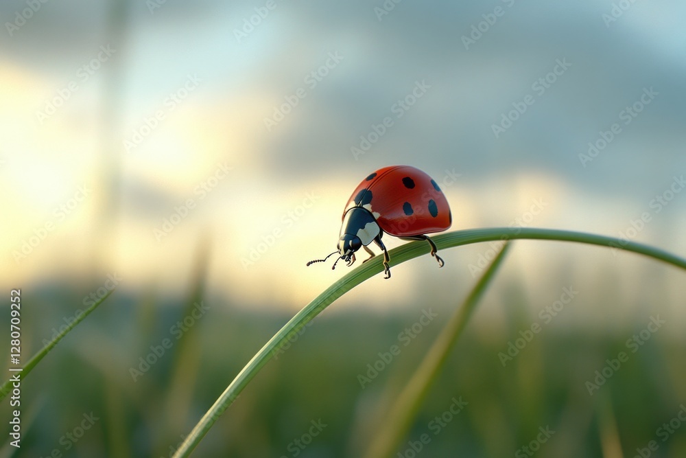Poster a ladybug sits on the tip of a single blade of grass