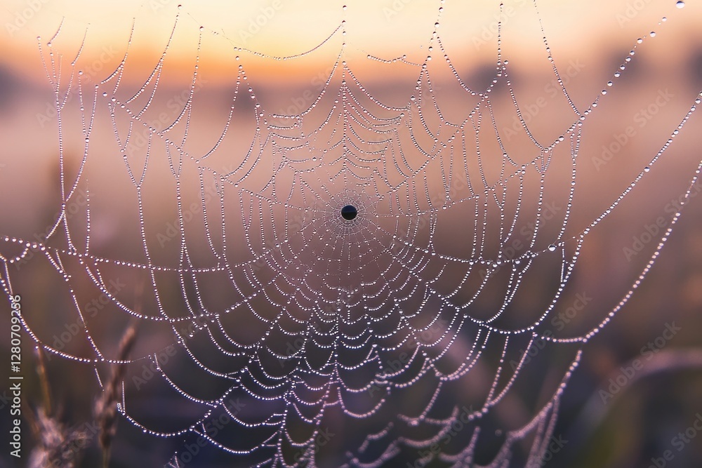Poster a close-up view of a spider web with water droplets glistening on its surface
