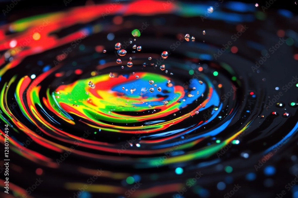 Poster vibrant water splash with colorful paint droplets, creating a mesmerizing circular pattern in a dark