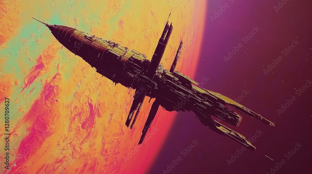 Poster futuristic spaceship in outer space